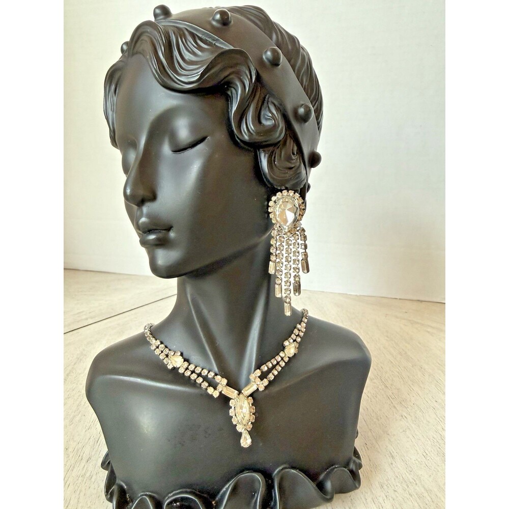 Vintage Rhinestone Demi Parure Set Baguette Crystal Collar Necklace Drop Earring